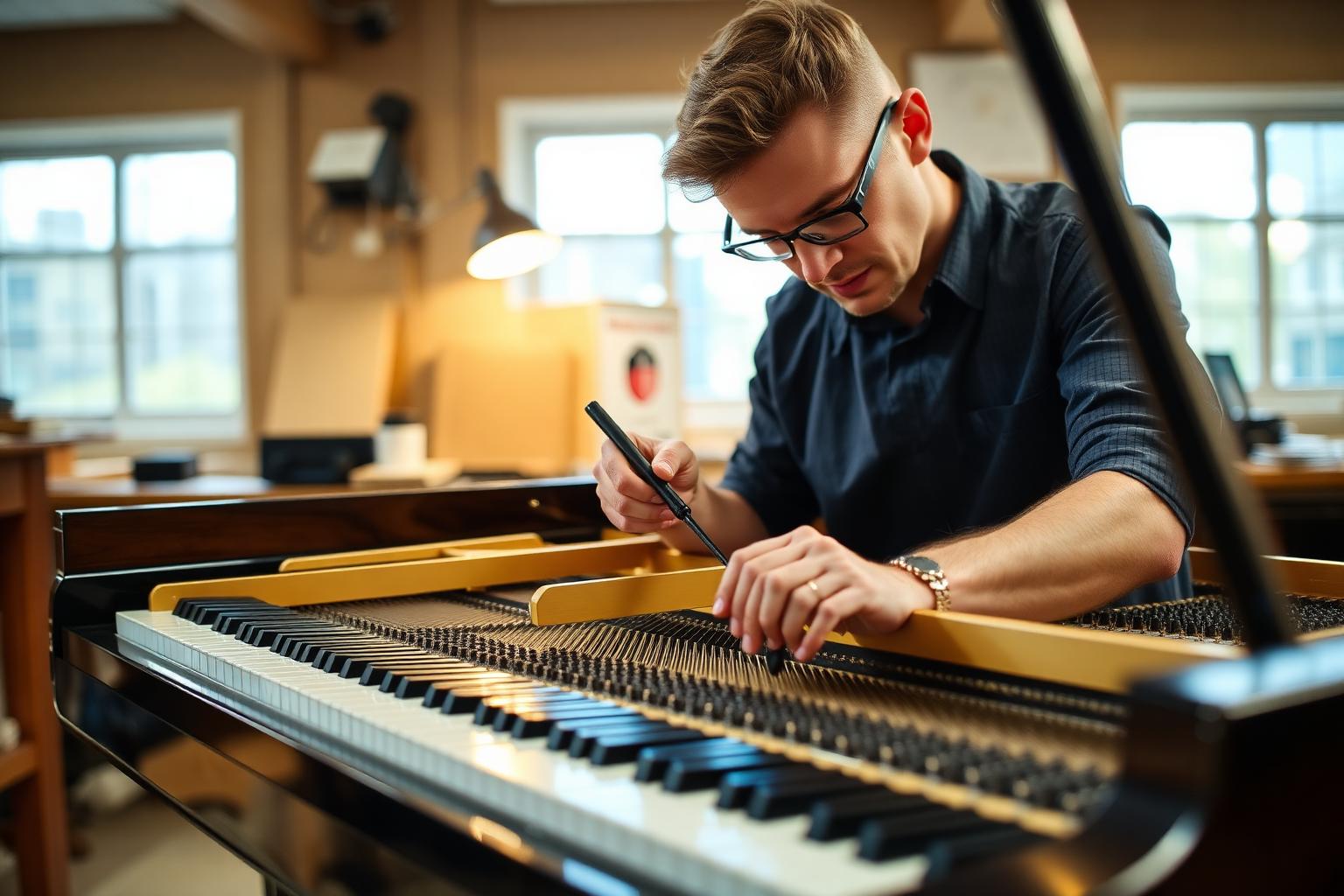 Pianotekniker i Oslo arbeider med mekanikken på et flygel